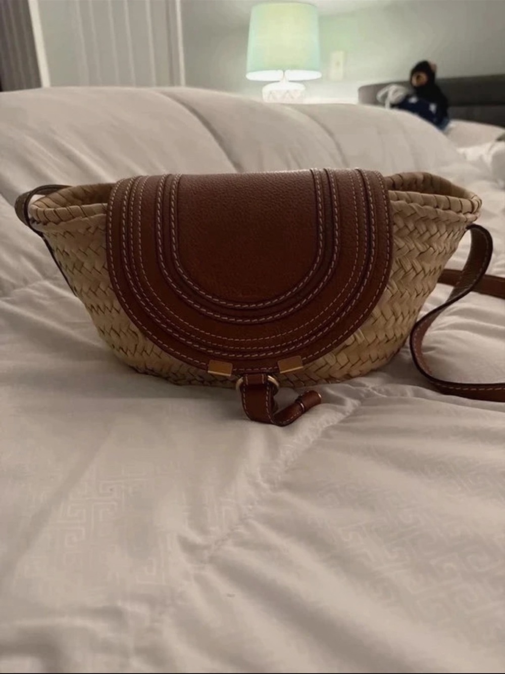 Chloe Marcie Tan Leather & Natural Woven Crossbody Bag